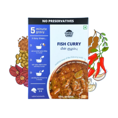Curry Chief Fish Curry package with ingredients and preparation details on a white background