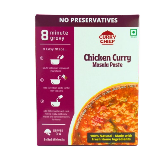 Box of Curry Chief Chicken Curry Masala Paste with branding and product details.