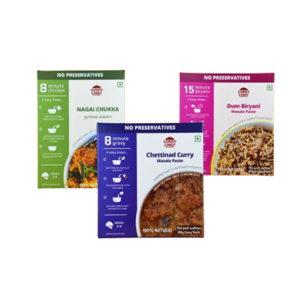 Four boxes of Curry Chef food products on a white background