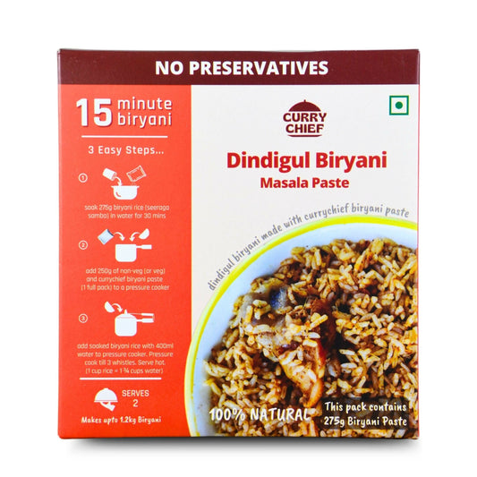 Curry Chief Dindigul Biryani Masala Paste packaging with text and images on a white background