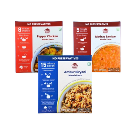 Three boxes of Curry Chef masala pastes on a white background