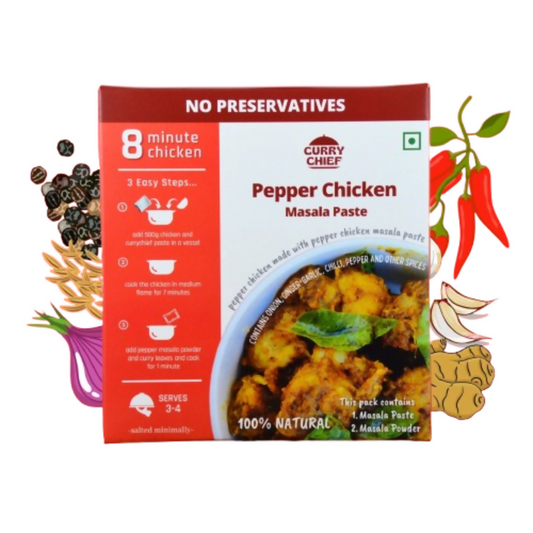 Curry Chief Pepper Chicken Masala Paste packaging with ingredients and branding on a white background