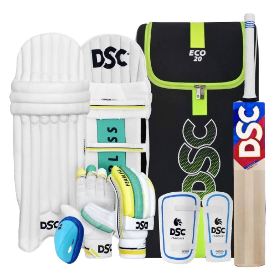 Cricket equipment set including bat, helmet, pads, and bag with DSC branding on a white background.