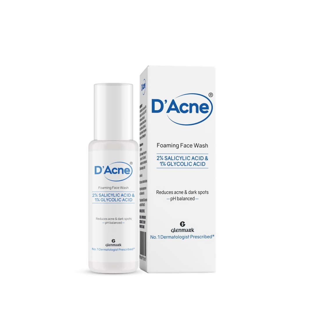 D'Acne foaming face wash bottle and packaging on a white background