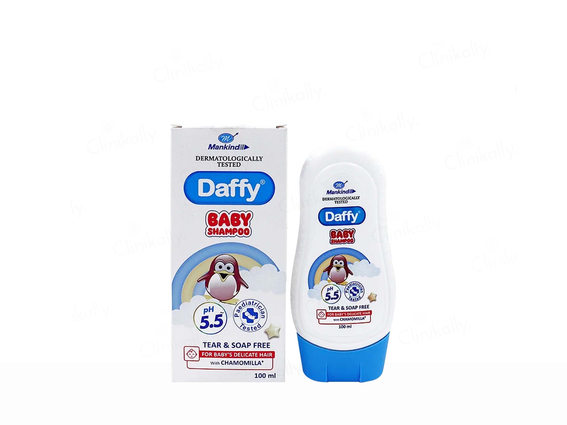 Daffy baby shampoo packaging with penguin illustration on a white background