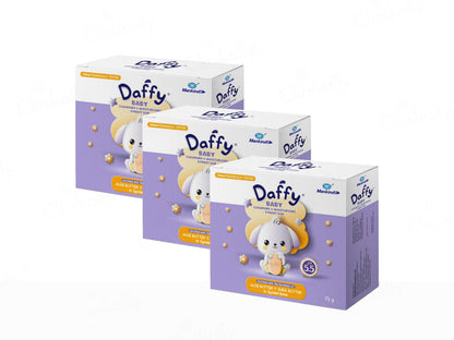 Three boxes of Daffy baby products on a white background
