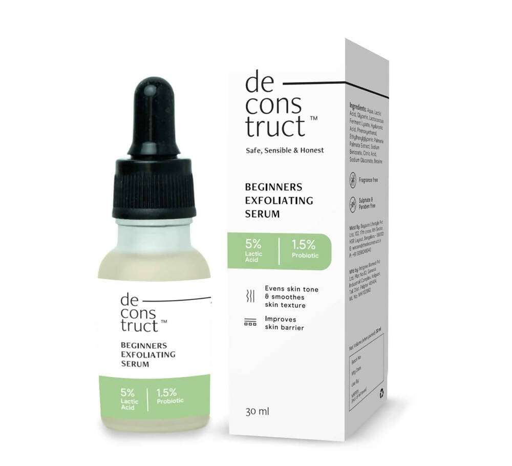 A bottle of Deconstruct Beginners Exfoliating Serum with its packaging box. The box has product information and the bottle has a dropper for application.