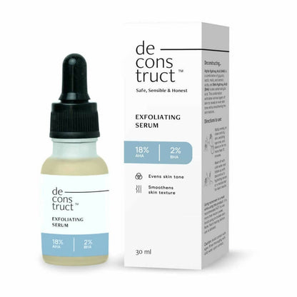 Exfoliating serum bottle with dropper and packaging on a white background
