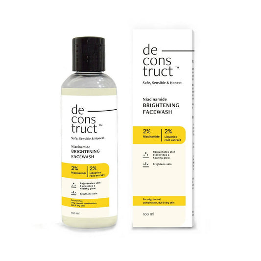De Construct Niacinamide Brightening Facewash bottle and packaging on a white background