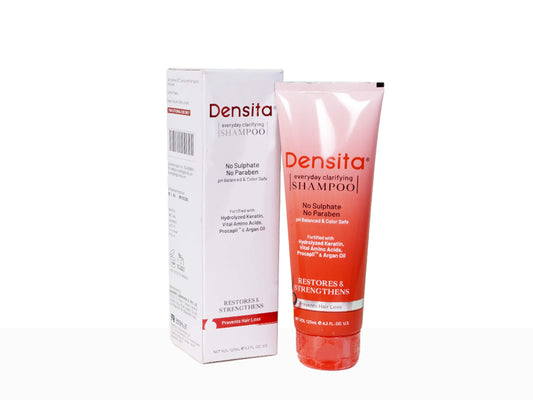 Densita shampoo packaging including a box and a tube on a white background