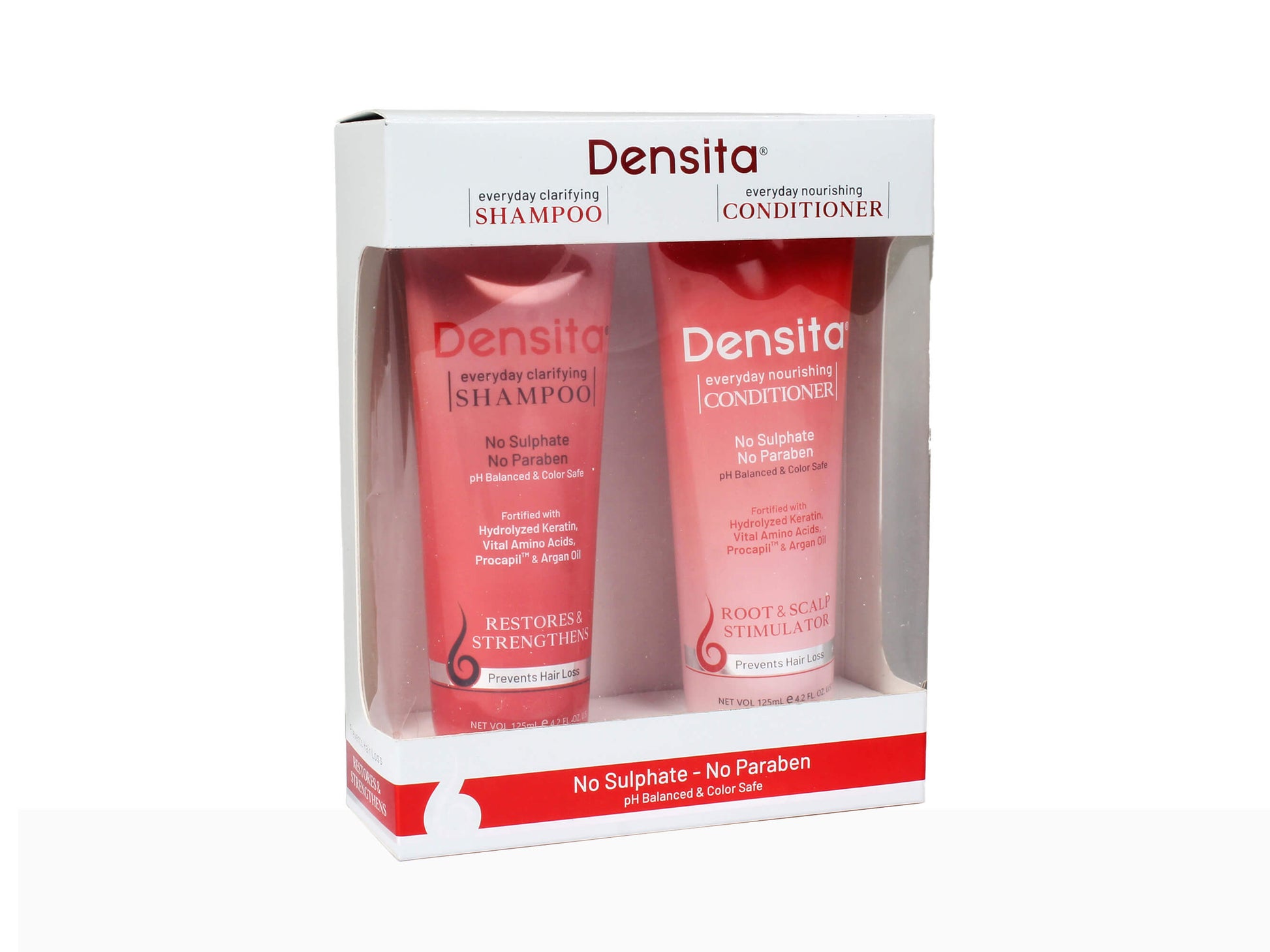 Densita shampoo and conditioner set in packaging on a white background
