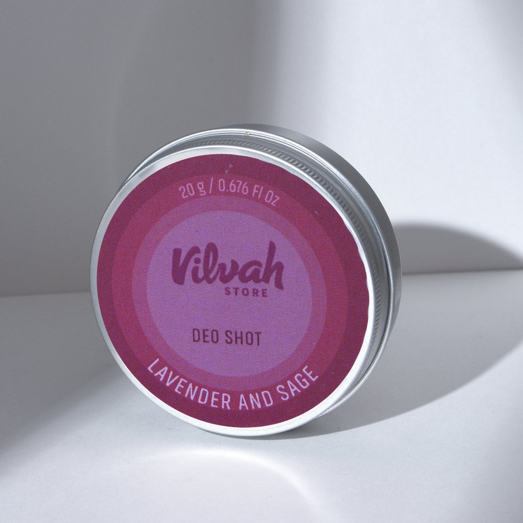 Vilvah Store deodorant container with purple label on a white background