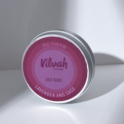 Vilvah Store deodorant container with purple label on a white background