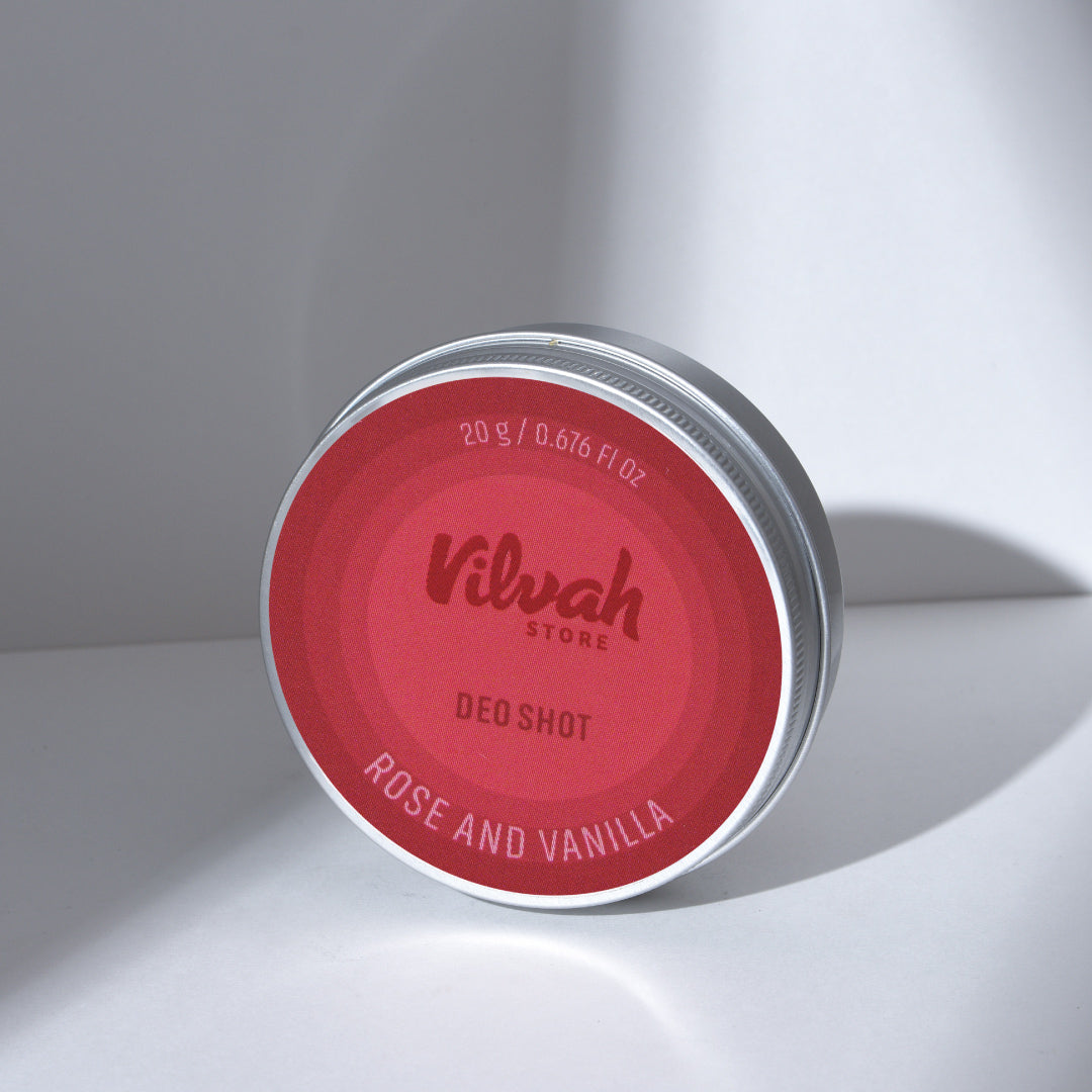 Vilvah Store deodorant container with red lid on a gray background