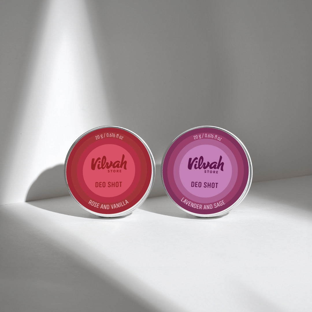 Two containers of Vilvah Store Deo Shot on a white background