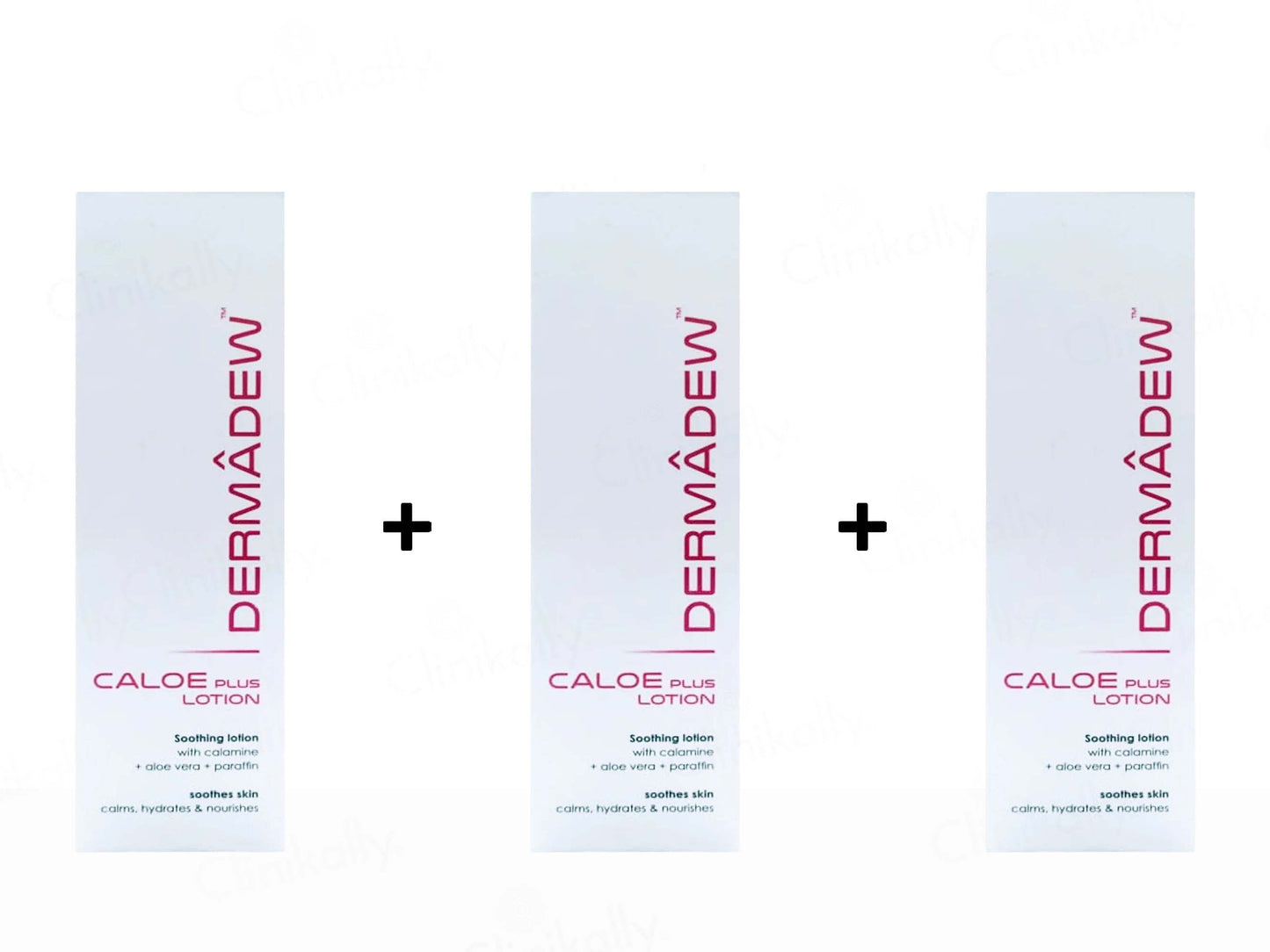 Three bottles of Dermadew Caloe Plus Lotion on a white background
