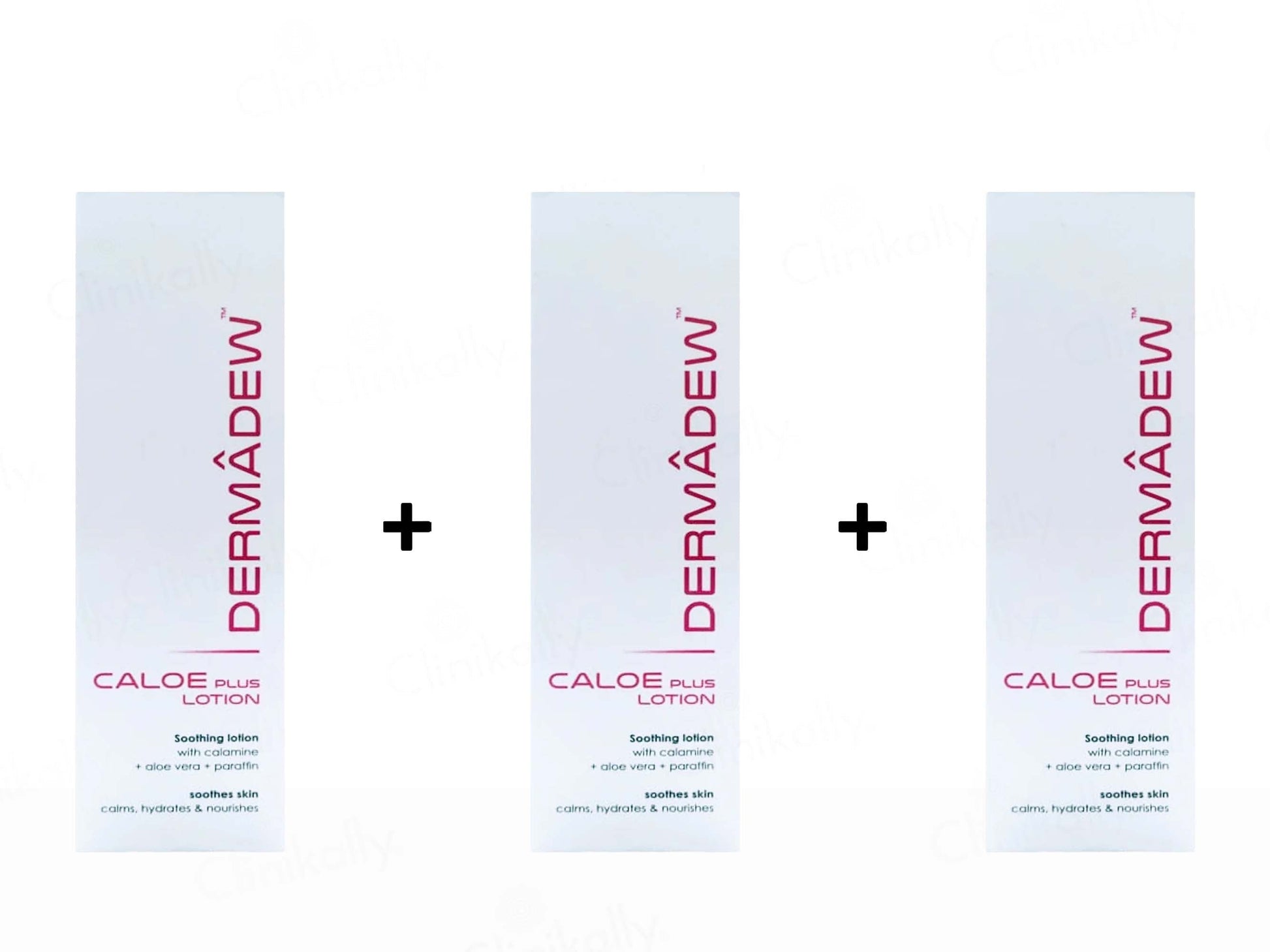 Three bottles of Dermadew Caloe Plus Lotion on a white background