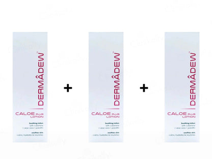 Three bottles of Dermadew Caloe Plus Lotion on a white background
