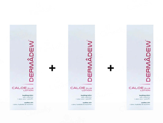 Three bottles of Dermadew Caloe Plus Lotion on a white background