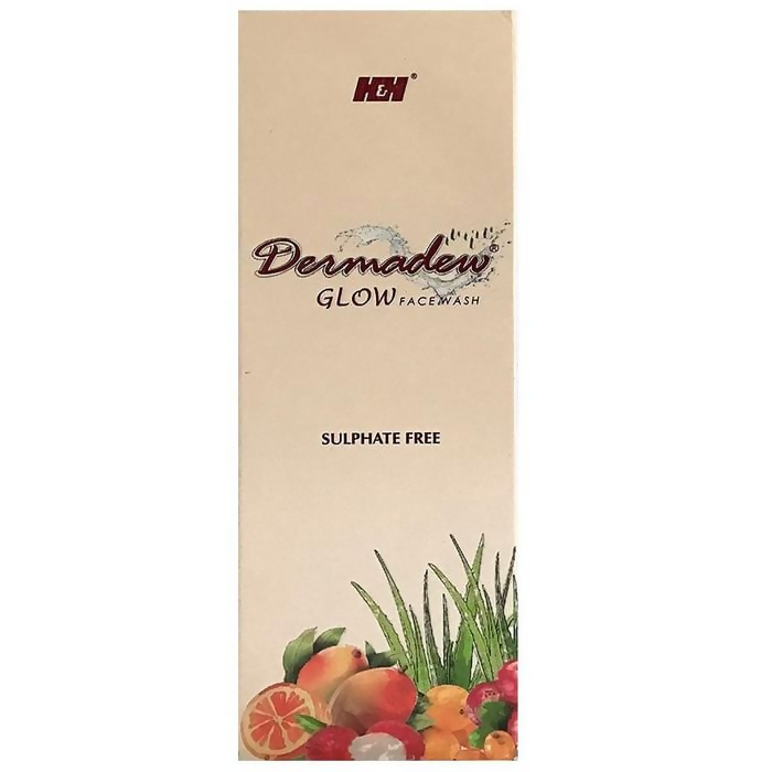 Dermadew Glow Facewash packaging with fruits and aloe vera on a beige background