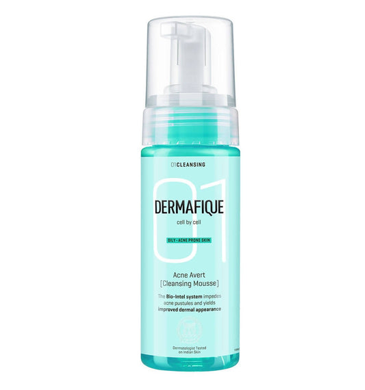 Dermafique cleansing mousse bottle on a white background