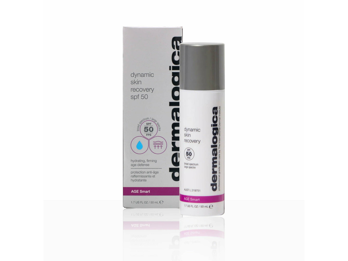 Dermalogica dynamic skin recovery SPF 50 bottle and packaging on a white background