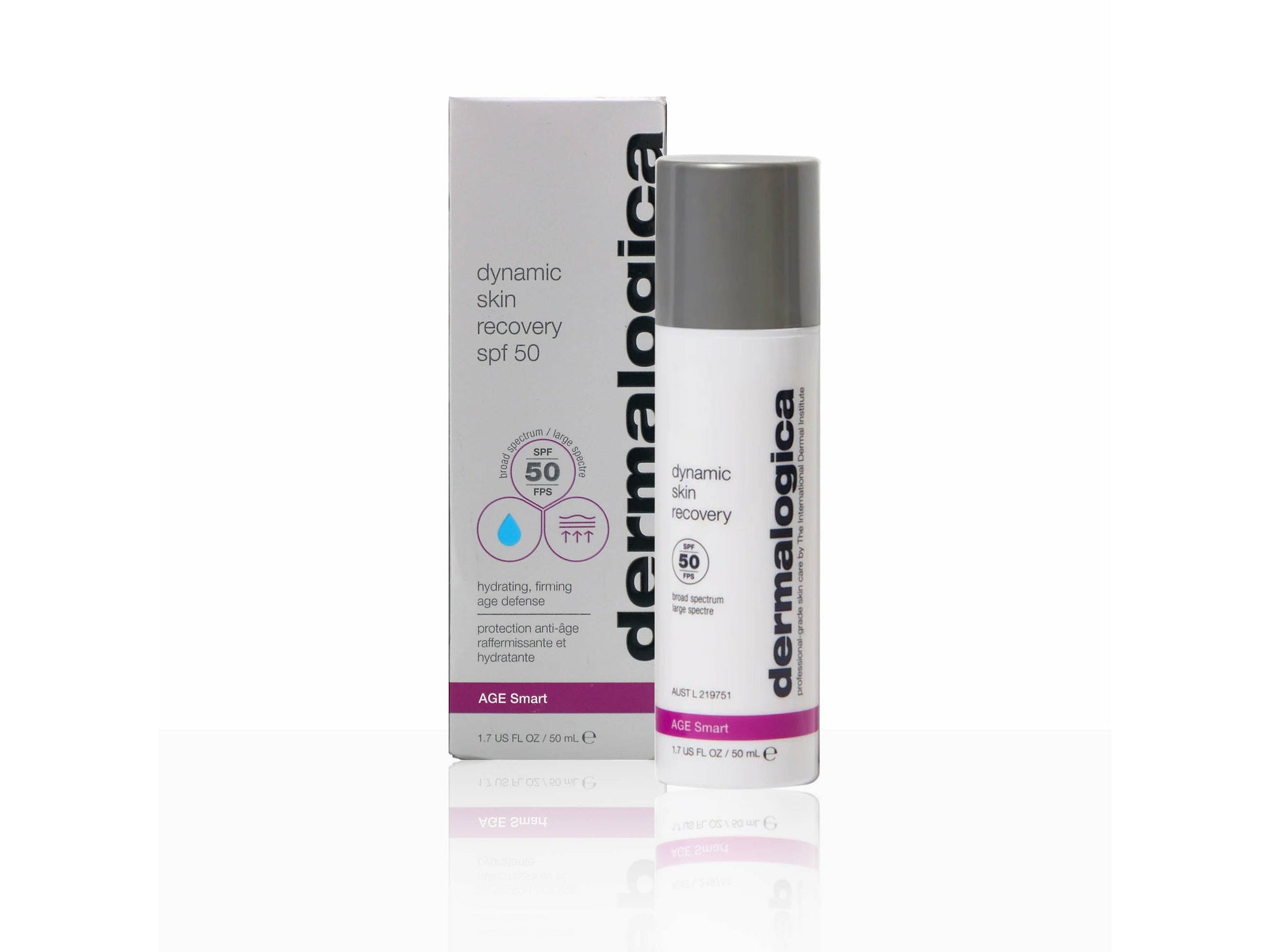 Dermalogica dynamic skin recovery SPF 50 bottle and packaging on a white background