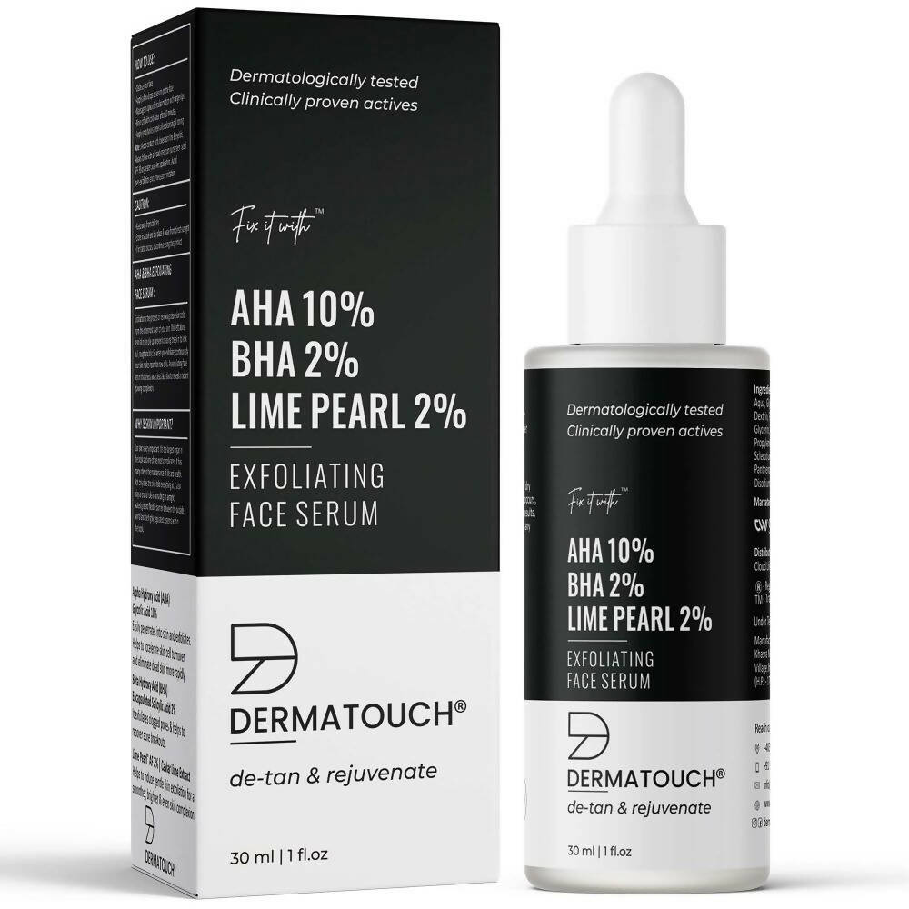 Packaging of Dermatouch exfoliating face serum with a white dropper bottle and a black and white box. The box has text detailing the product name and percentage of AHA, BHA, and Lime Pearl.