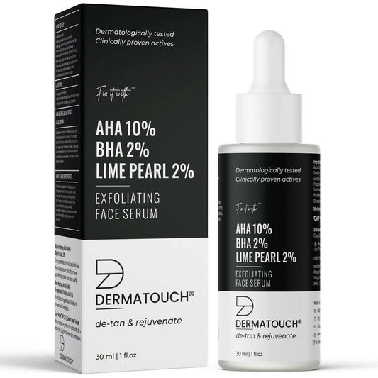 Packaging of Dermatouch exfoliating face serum with a white dropper bottle and a black and white box. The box has text detailing the product name and percentage of AHA, BHA, and Lime Pearl.