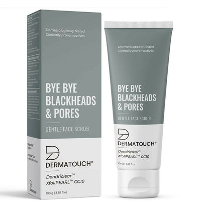 Packaging of Dermatouch Bye Bye Blackheads & Pores Gentle Face Scrub, showing the product tube and box with text and branding.