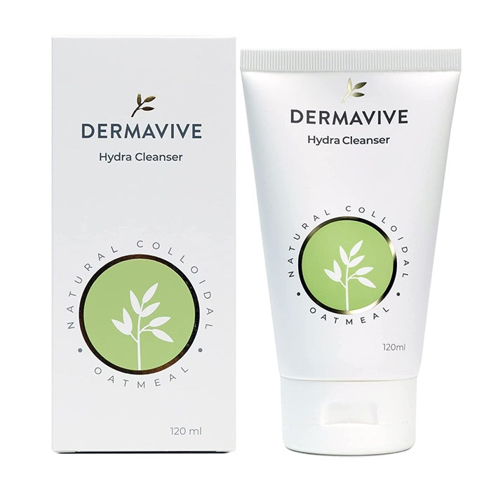 Dermavive Hydra Cleanser packaging and tube, with green and white color scheme and leaf graphics.