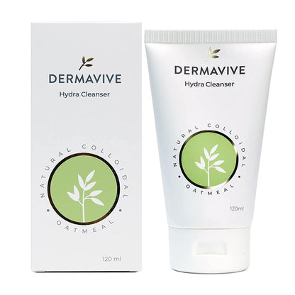 Dermavive Hydra Cleanser packaging and tube, with green and white color scheme and leaf graphics.