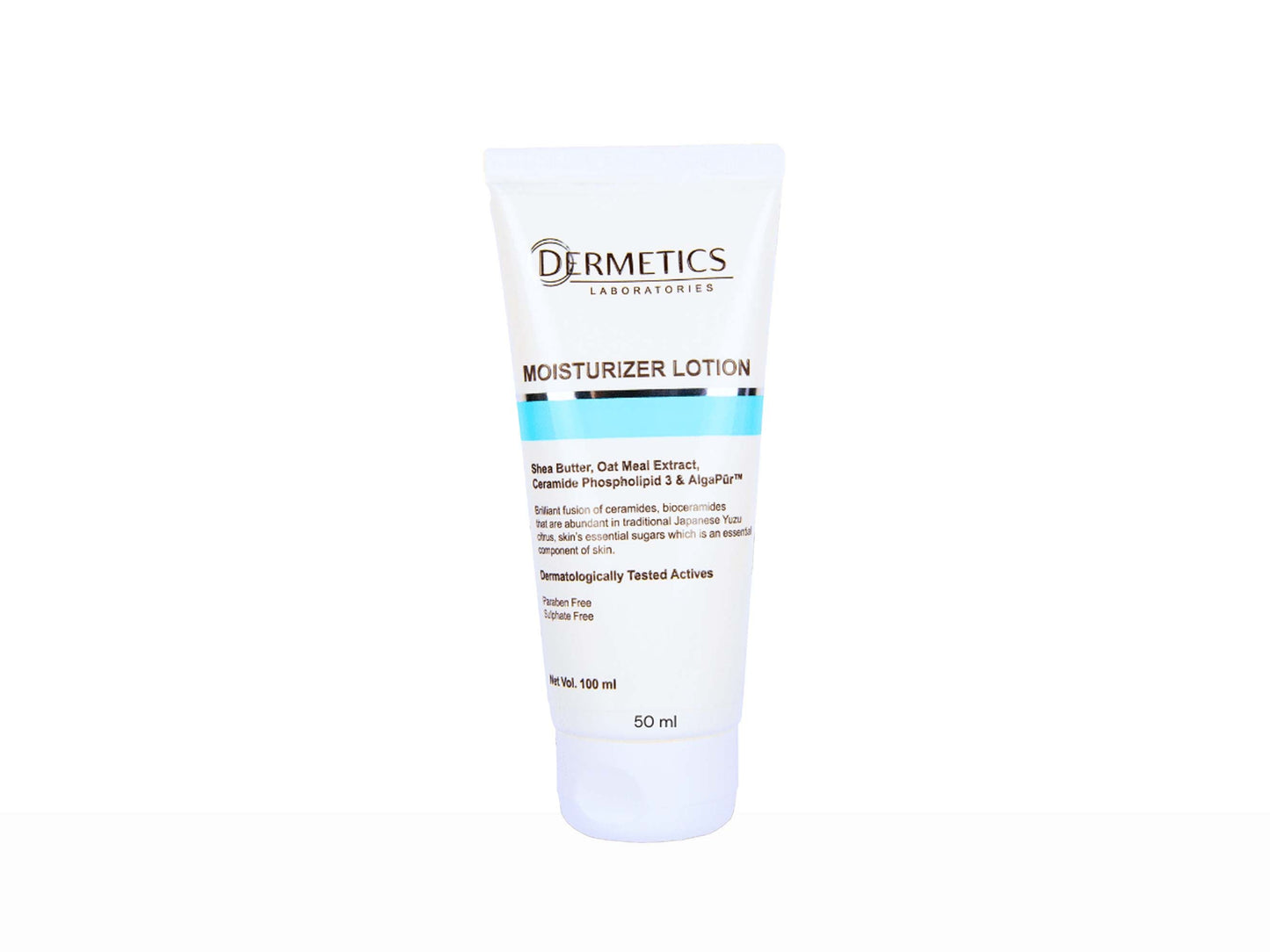 Tube of Dermetics moisturizer lotion on a white background