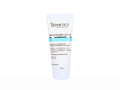 Tube of Dermetics moisturizer lotion on a white background