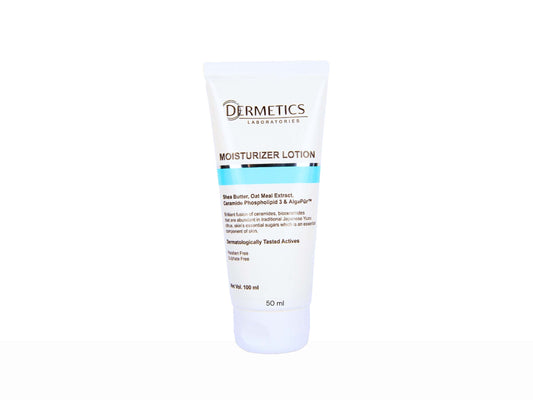 Tube of Dermetics moisturizer lotion on a white background