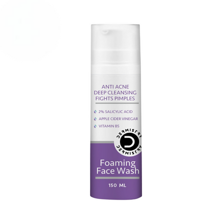 Foaming face wash bottle with purple and white label on a white background