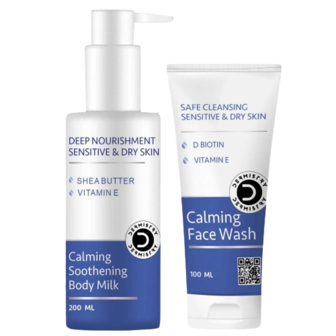 A bottle of Dermistry Calming Soothing Body Milk and a tube of Calming Face Wash for sensitive and dry skin, with key ingredients like shea butter, vitamin E, and aloe vera listed on the labels.