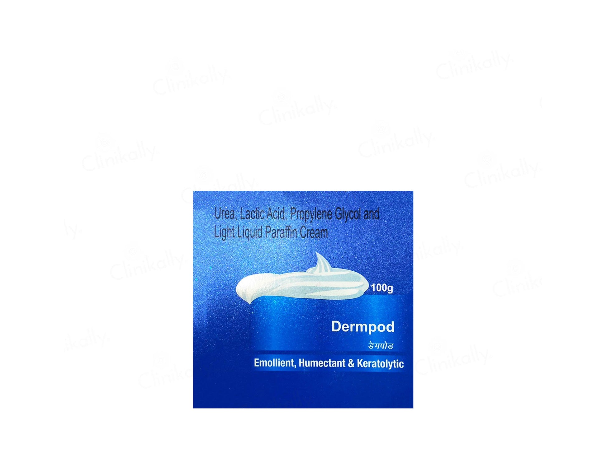 Blue packaging of Dermpod cream with text on a white background