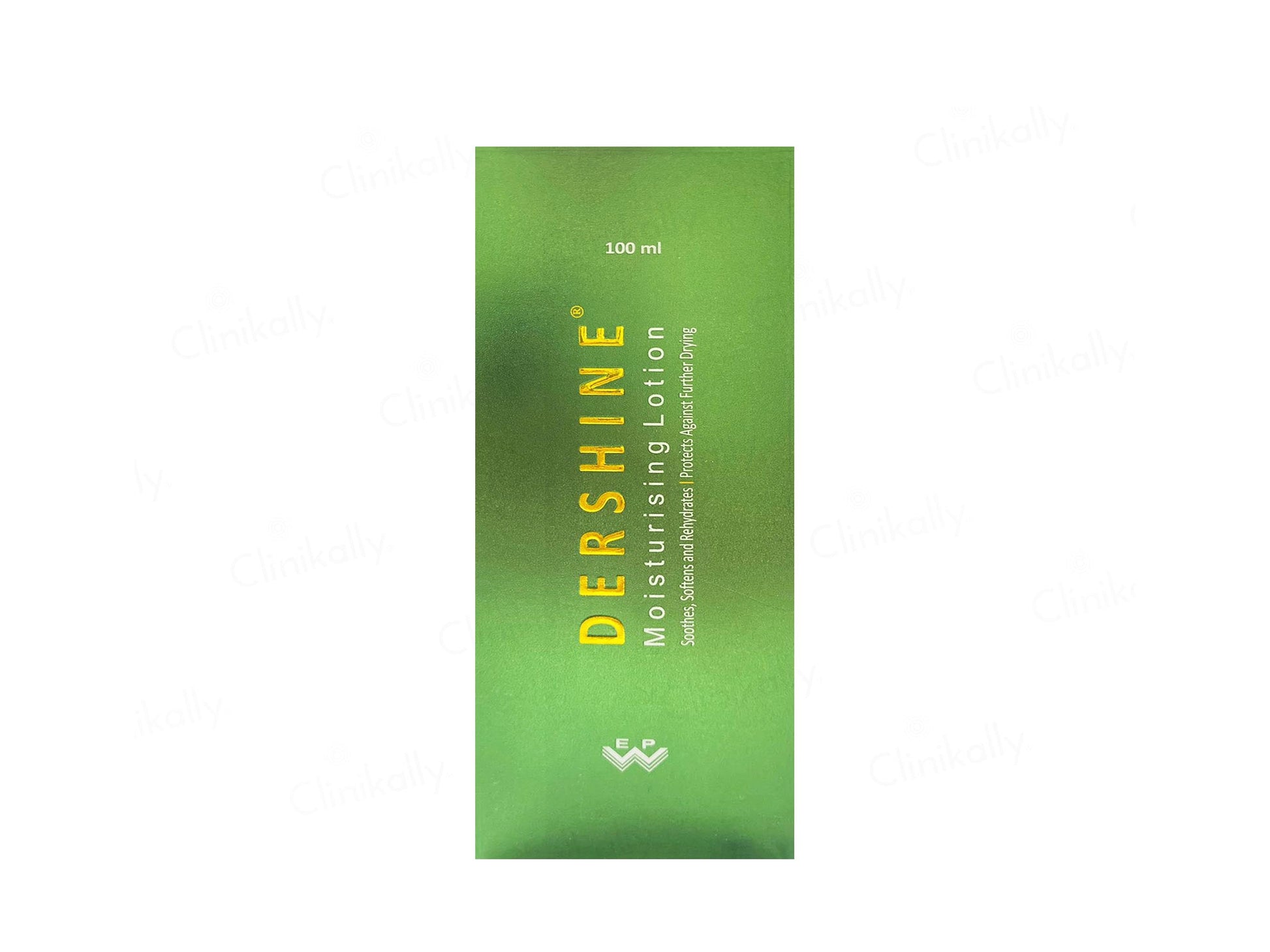 Green bottle of Dershine moisturizing lotion on a white background