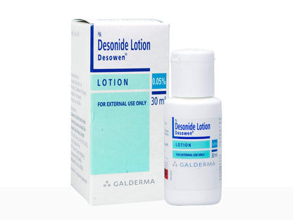 Desonide Lotion packaging with bottle and box on a white background