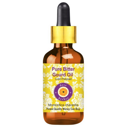 Bottle of Pure Bitter Gourd Oil with a dropper on a white background
