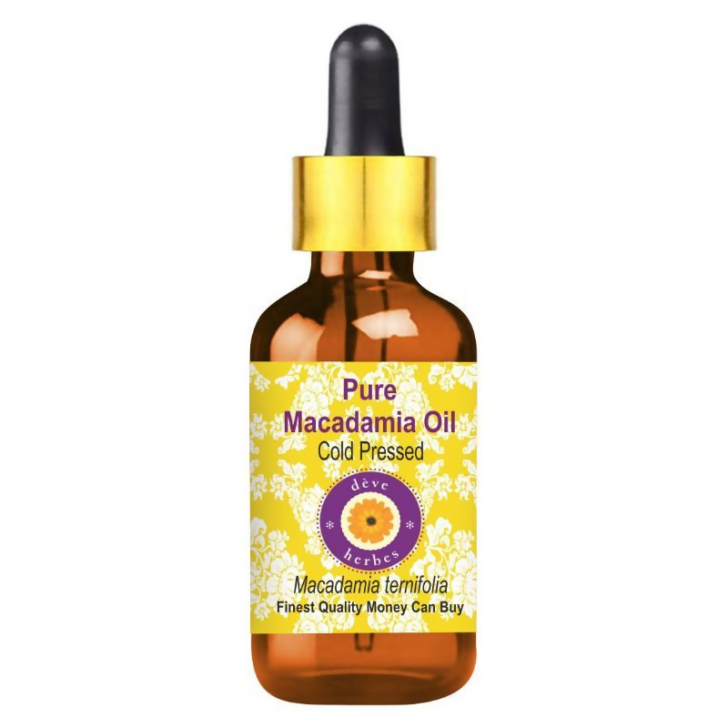 Bottle of pure macadamia oil with a yellow label on a white background