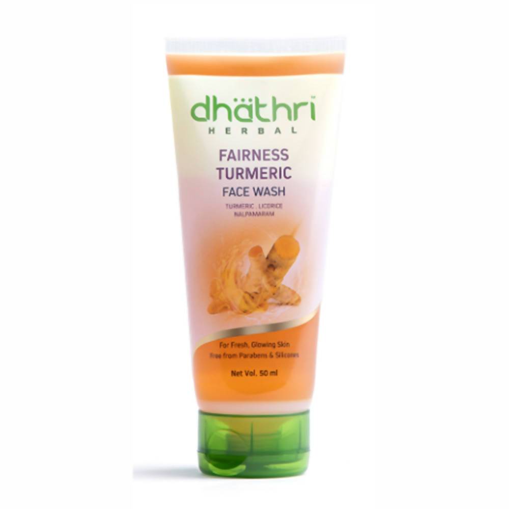 A tube of Dhathri Ayurveda Herbal Fairness Turmeric Face Wash against a white background.