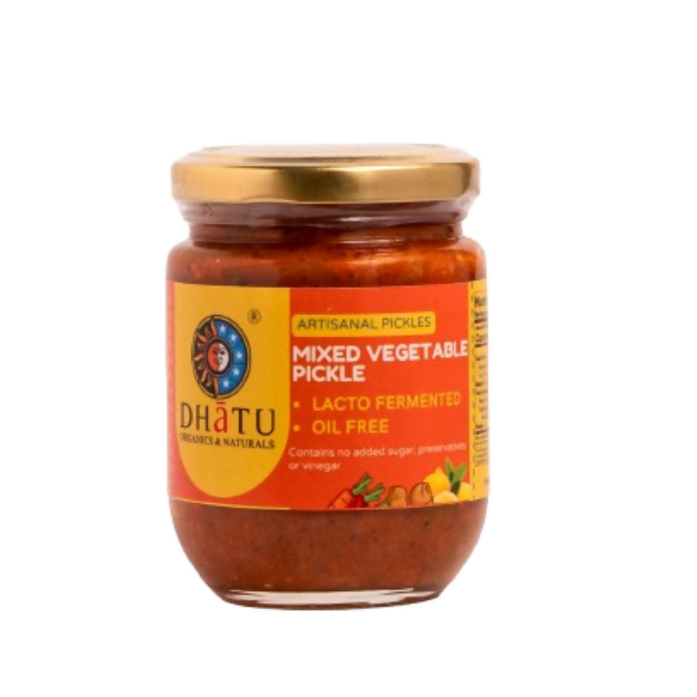 Jar of Dhatu Mixed Vegetable Pickle on a white background