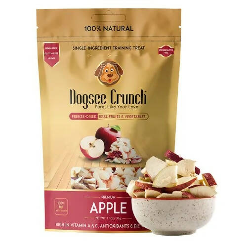 Dogsee Crunch apple training treat package with a bowl of treats on a white background