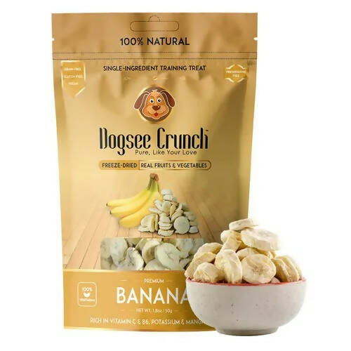 Dogsee Crunch banana dog treats packaging with a bowl of treats on a white background