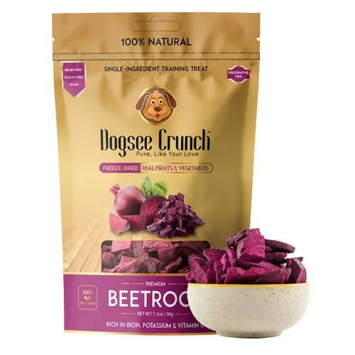 Dogsee Crunch freeze-dried beetroot treats packaging with a bowl of treats on a white background