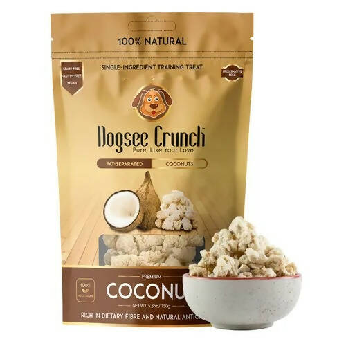 Dogsee Crunch coconut treats packaging with a bowl of treats on a white background