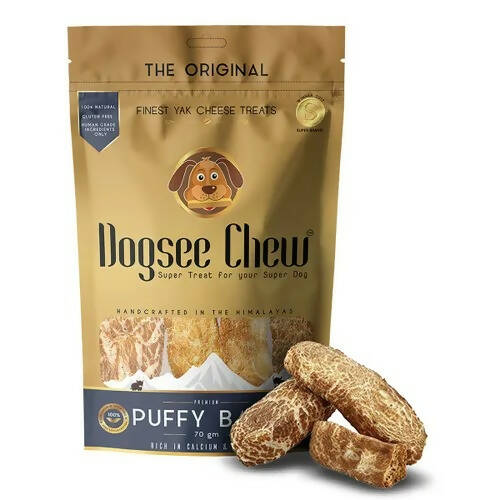 Dogsee Chew packaging with two treats on a white background