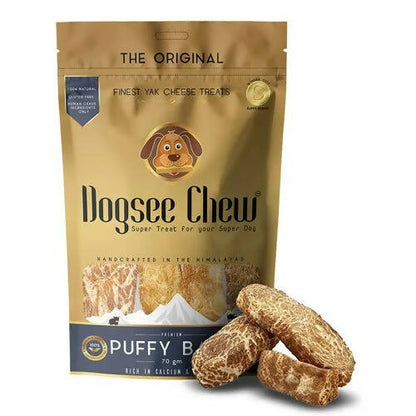 Dogsee Chew packaging with two treats on a white background